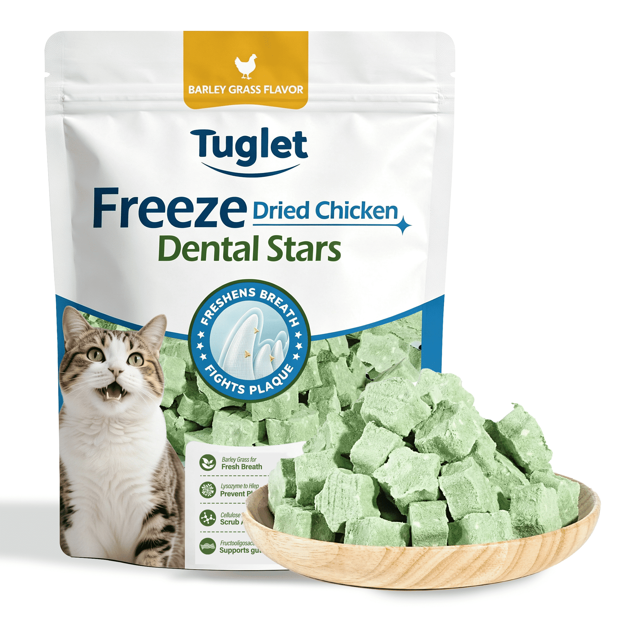 TUGLET Freeze Dried Chicken Cat Grass Dental Indoor Cat Treats, Hairball Support & Teeth Cleaning Cat Snacks for Small, Medium & Large Cats, 3.6 oz Bag