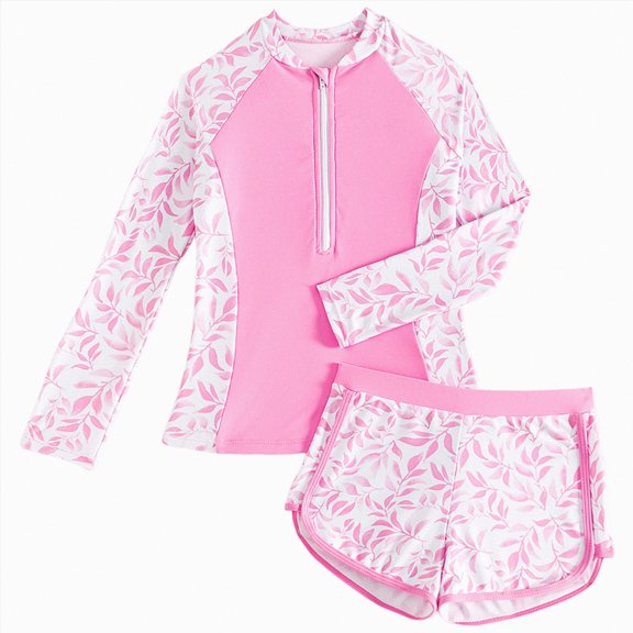 HCNTES Girls Rash Guard Swimsuit Long Sleeve Tankini Sets Two Pieces Bathing Suit Swimwear UPF 50  Sun Protection(Pink,8-9 Years)