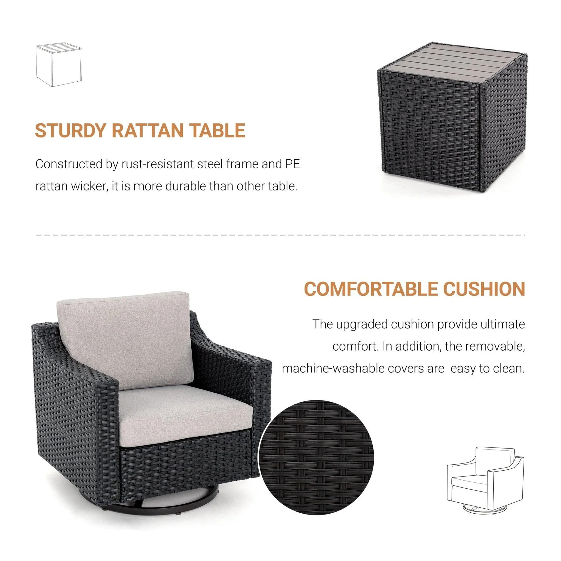 3 Piece Patio Bistro Set with 360 Swivel Patio Chairs, Outdoor Wicker Patio Furniture Set with Cushions and Side Table for Balcony Porch Backyard, Brown/Grey