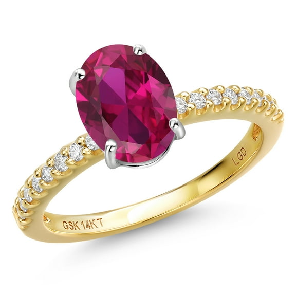 Gem Stone King 14K Two Tone Gold Red Created Ruby and Lab Grown Diamond Engagement Ring for Women | 2.16 Cttw | Oval 9X7MM | Gemstone July Birthstone | Size 6