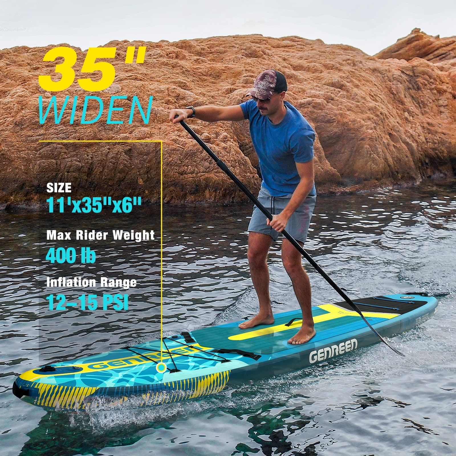 Genreen Inflatable Fishing Paddle Board 11ft Stand up Paddle Board with Full SUP Premium Accessories