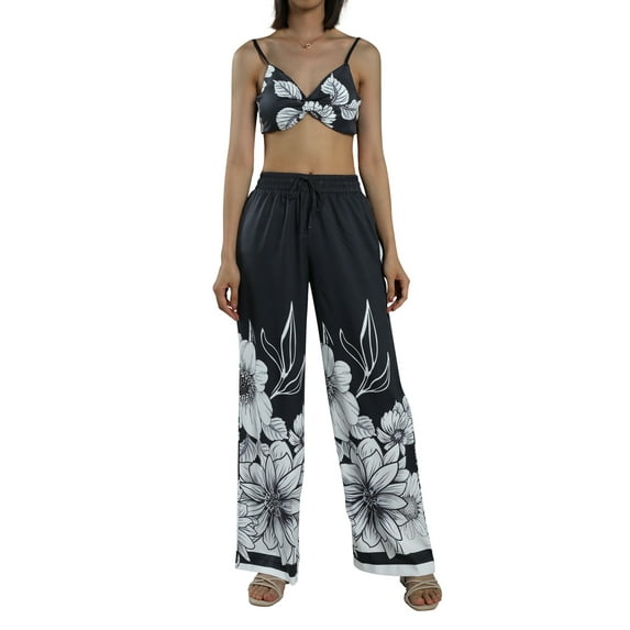 Qiylii Women 2 Piece Boho Outfits Set Summer Bohemian Butterfly Printed Sexy Crop Tops + Wide Leg Loose Palazzo Pants