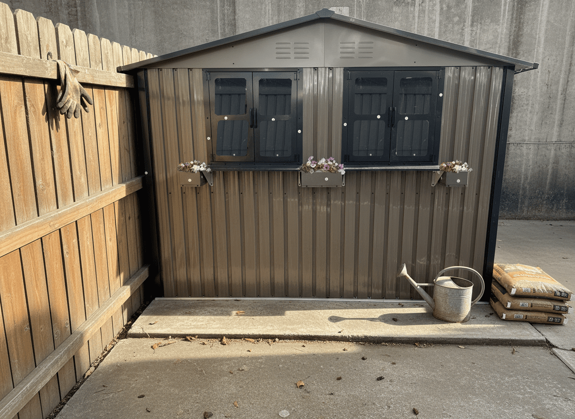 Mintazer 6×9ft Modern Metal Outdoor Storage Shed with Windows & Lockable Doors, Waterproof Weatherproof Garden Shed for Backyard Patio, Brown & Black