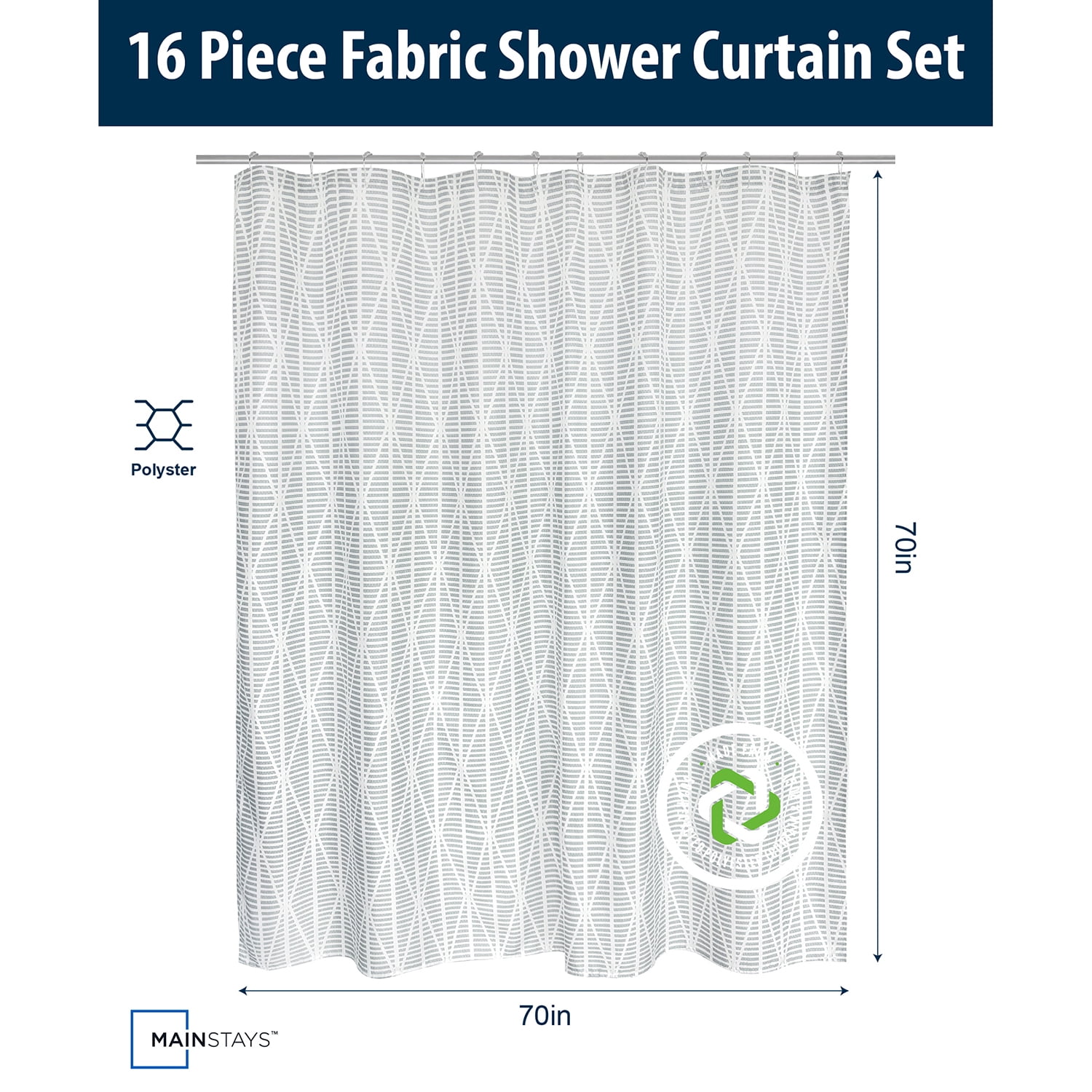 Mainstays 16-Piece Grey Diamond Geo Shower Curtain Bathroom Set – Fabric Curtain with Rug, Hooks, Soap Dispenser & Tray