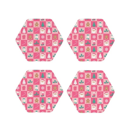 

Honeii Pink Christmas Cheer Print Leather Coaster Set of 4 Ideal for Safeguarding Your Furniture from Drinks Spills and Effortless Cleanup-Hexagon