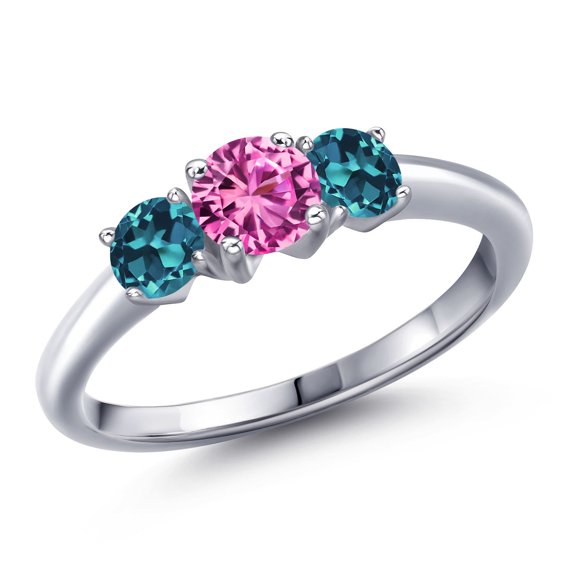 Gem Stone King 925 Sterling Silver Pink Created Sapphire and London Blue Topaz Engagement Ring for Women | 1.21 Cttw | Round 5MM | Gemstone September Birthstone | Size 8