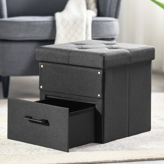 Mellow Stockbox 15" Ottoman with Storage Drawer, Black
