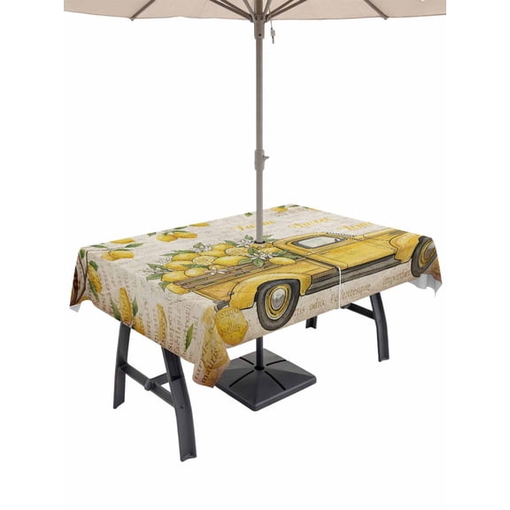 Outdoor Tablecloth with Umbrella Hole for Patio/Picnic/Party/Camping, Lemon Truck Waterproof Table Cloth Rectangle Table Cover Washable, Summer Vintage Tropical Lemon Fruits (60"x 102")