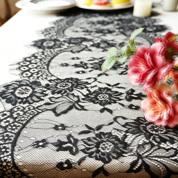 AUQ 2 Pcs Black Lace Table Runner Decoration Anniversary Embroidered Doilies Party Supplies Vintage Centerpiece Boho Wedding Bridal Baby Shower Easter Decorations 14 X 120 Inches