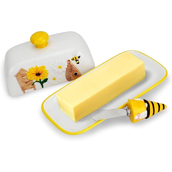 IBEQUEM Ceramic Butter Dish with Lid, Mushroom Butter Dish, Sunflower Butter Keeper Holder, Butter Plate Tray for Kitchen Countertop Container
