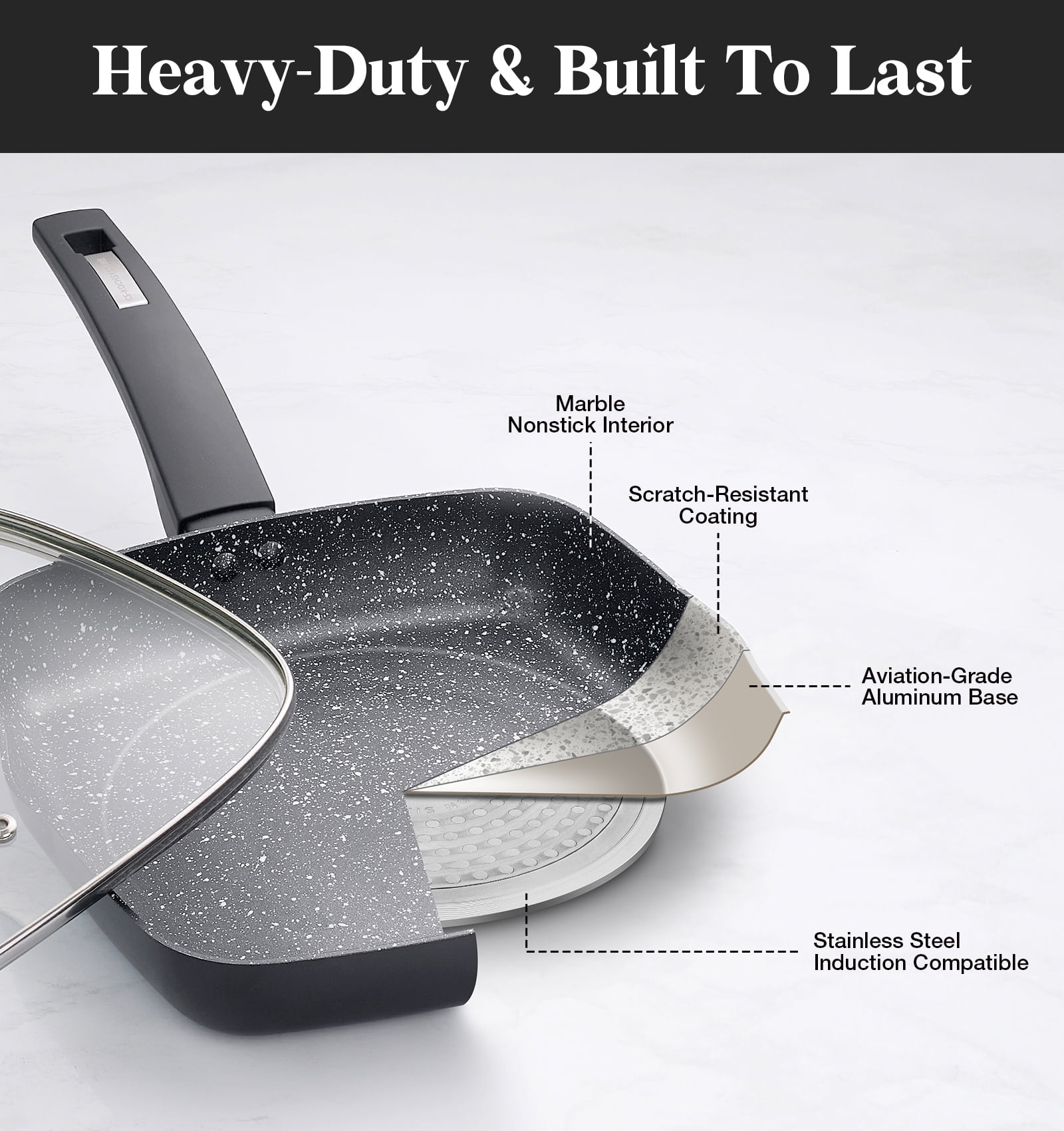 Koch Systeme CS 9.5 inch Nonstick Frying Pan with Lid, Square Omelet Pans, Compatible with All Stovetops, Black