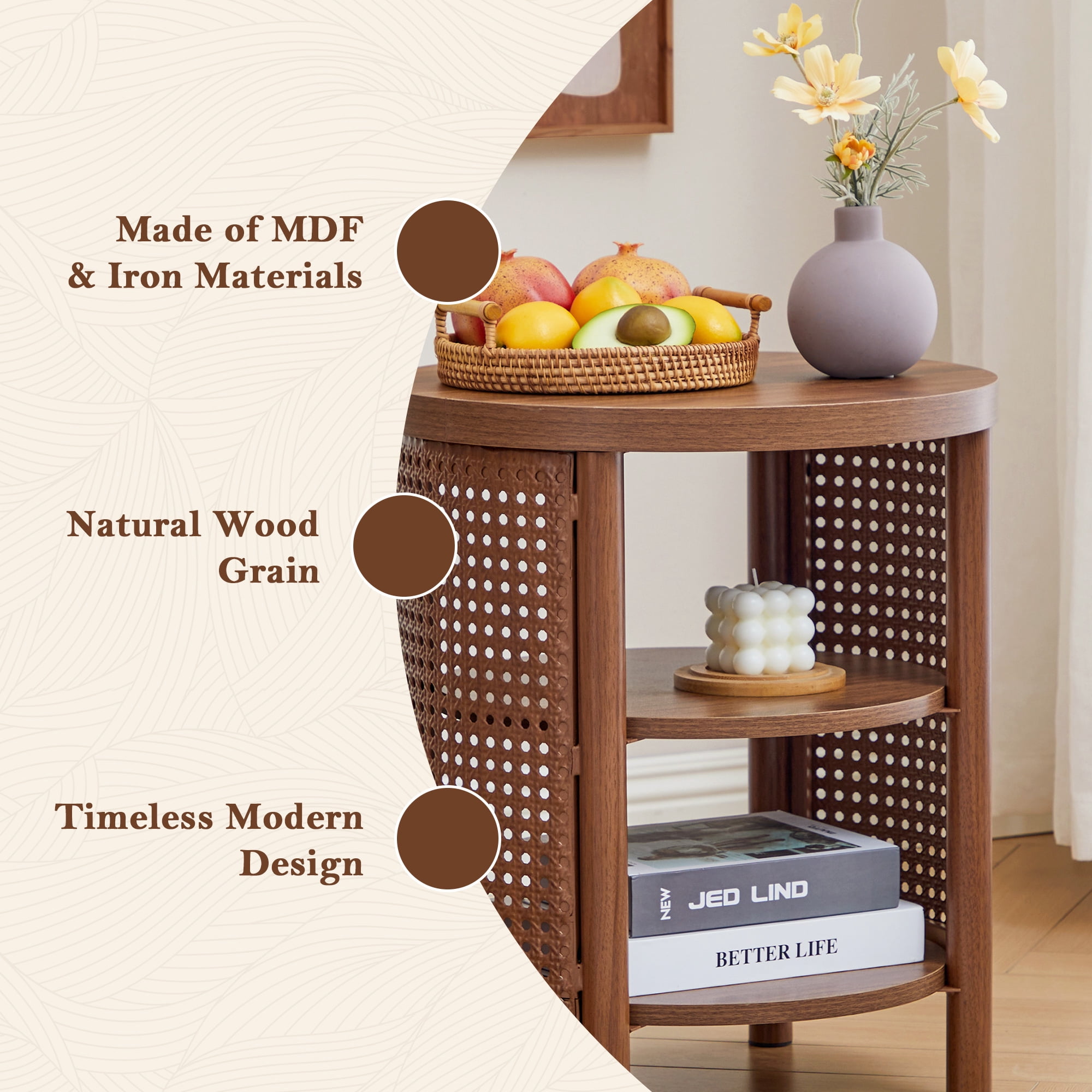 YOCWO Small Round End Table Set of 2 with Open Storage for Small Space, 3 Tier Accent Table Side Table with Iron Rattan Decor, Walnut