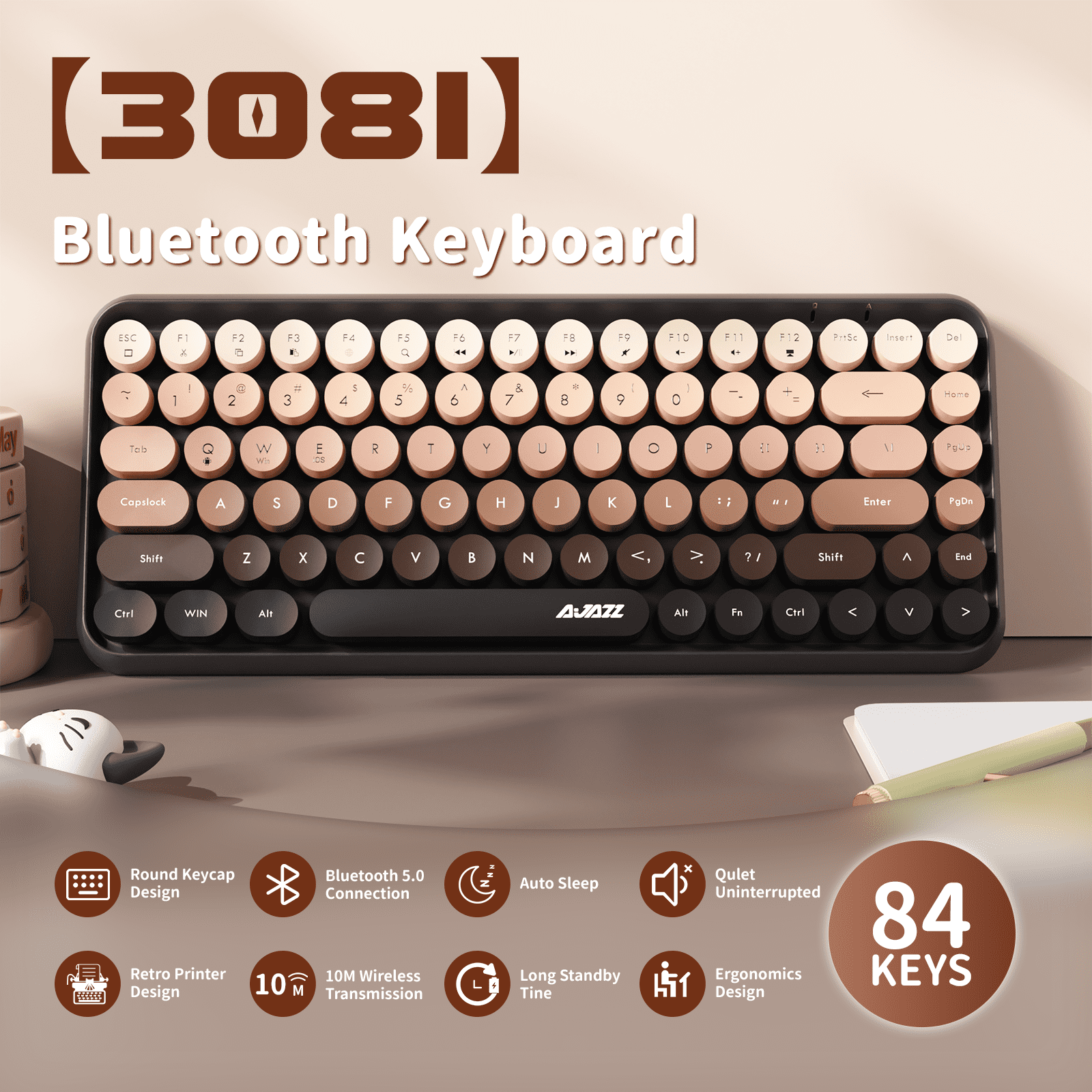 Ajazz 308i Retro Wireless Bluetooth Silent Computer Keyboard with Round Punk Compact 84 keys, Lightweight, Matte Texture, Typewriter Design, Cute Magnetic Cat Ornaments for PC, Laptop - Pink