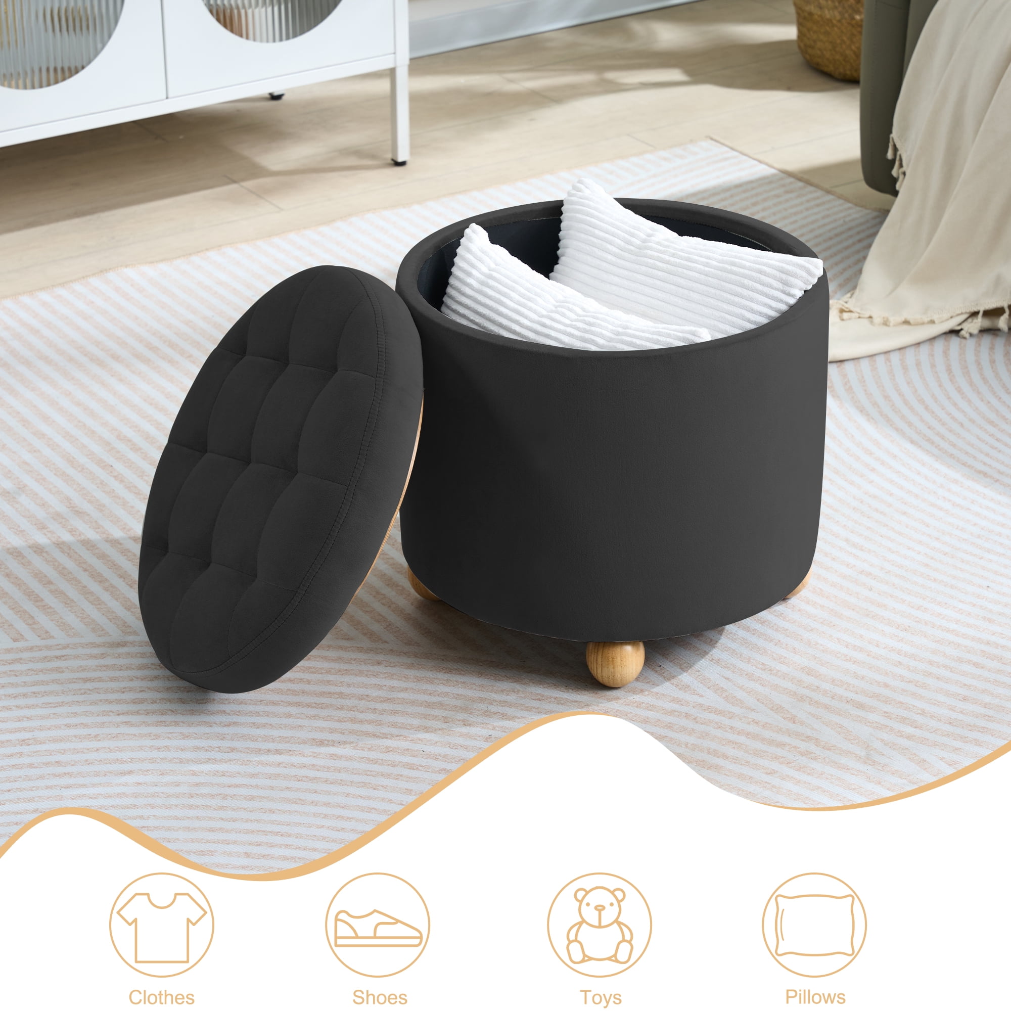 CoVibrant Modern Round Velvet Tufted Storage Ottoman with Reversible Tray Lid, Wooden Legs, Black, , 1-Pack, 17.52 in H x 17.72 in W