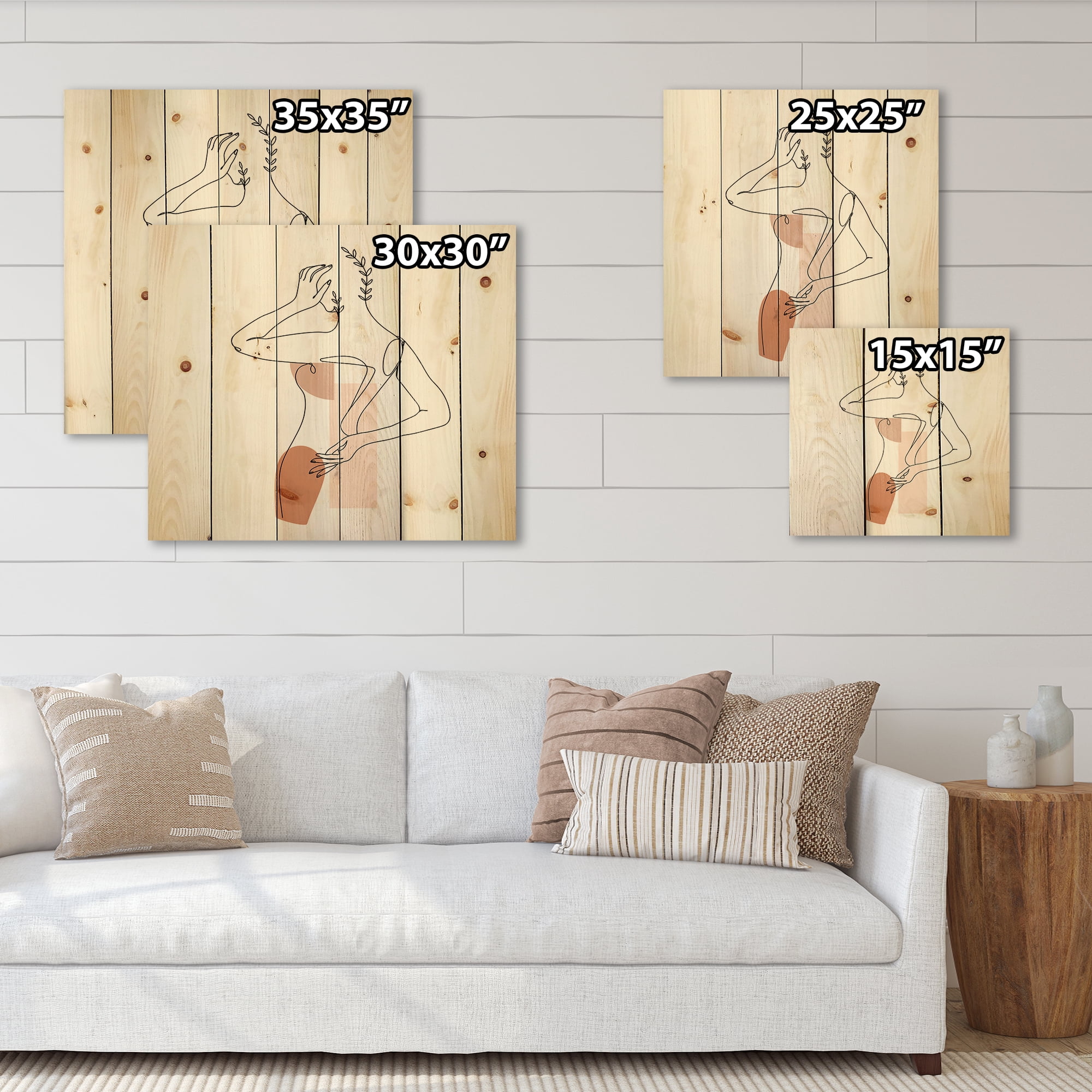 Designart 'One Line Woman Portrait With Shapes and Leaves II' Modern Print on Natural Pine Wood