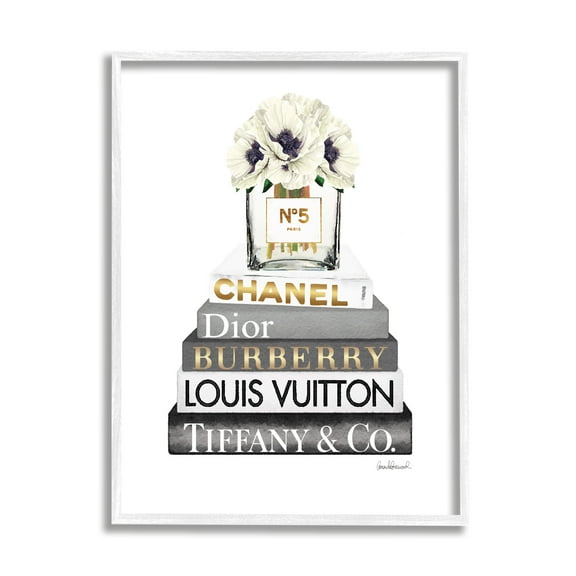 Stupell Industries Blooming White Floral Display on Glam Designer Bookstack Graphic Art White Framed Art Print Wall Art, 16x20, by Amanda Greenwood