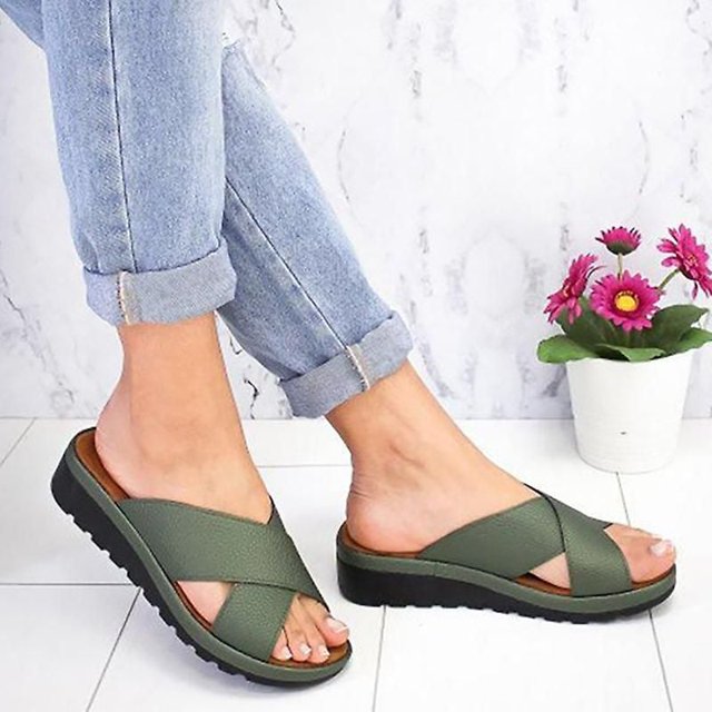 Sandales Compensées à Plateforme d'Été pour Femmes, Pantoufles à Enfiler Croisées, Chaussures Plates