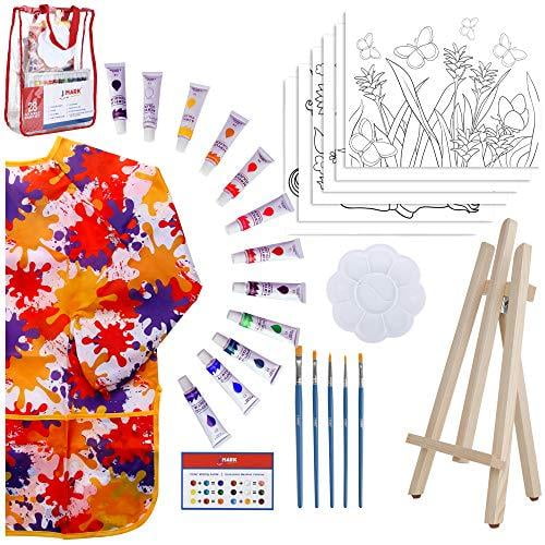 Paint Easel Kids Art Set- 28-Piece Acrylic Painting Supplies Kit with Storage Bag, 12 Non Toxic Washable Paints, 1 Scratch Free Easel, 6 Pre-Stenciled Canvases 8 x 10 inches, 5 Brushes