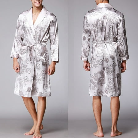 

XIAOFFENN Silk Ice Silk Long Sleeved Men s Pajamas Long Robes Bathrobes Home Clothes