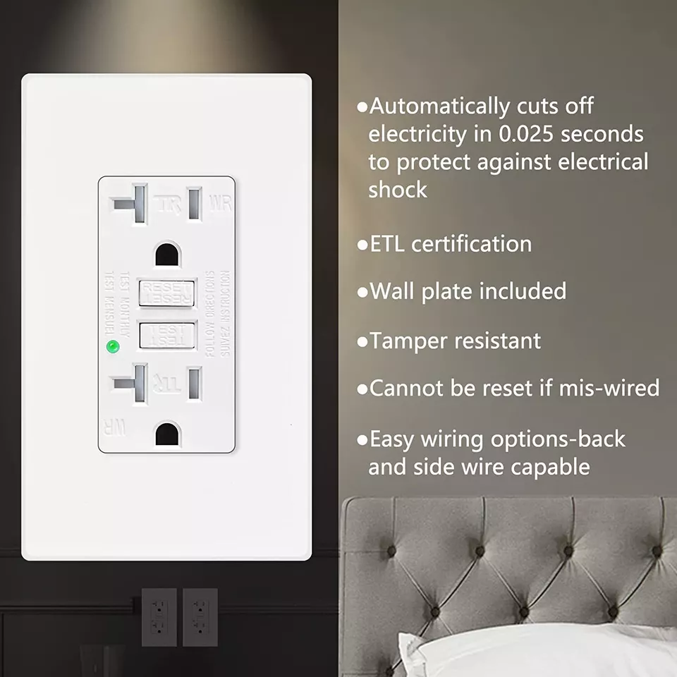 20 Amp Gfci Outlet, 1Pk Gfi Ground Fault Electric Plugs Wall Plates Wr Tr Etl