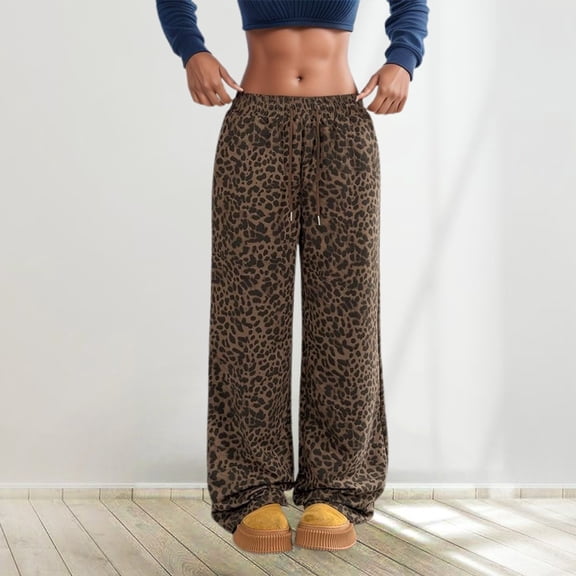 FAOWME Women's Casual Pants Drawstring Elastic Waist Wide Leg Straight Fit Leopard Print Comfortable Soft Trousers For Everyday Wear,Brown,L