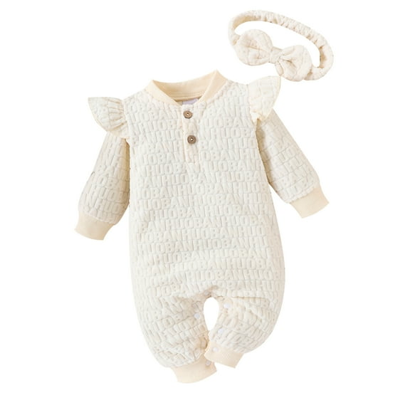 Baby Girls Autumn Crew Neck Romper Long Sleeve Ruffle Letter Print Jumpsuit with Headband