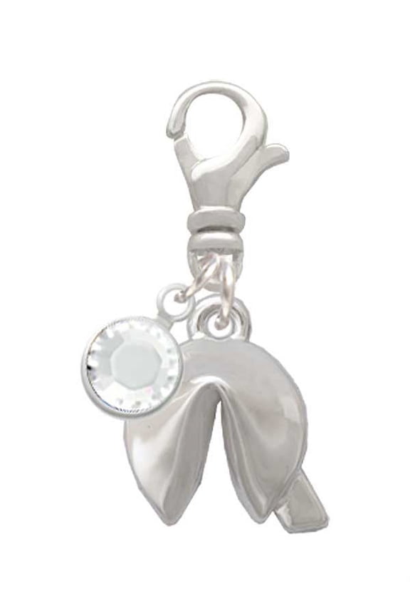 Silvertone 3-D Fortune Cookie - Silvertone Clip on Charm with Clear Crystal Drop
