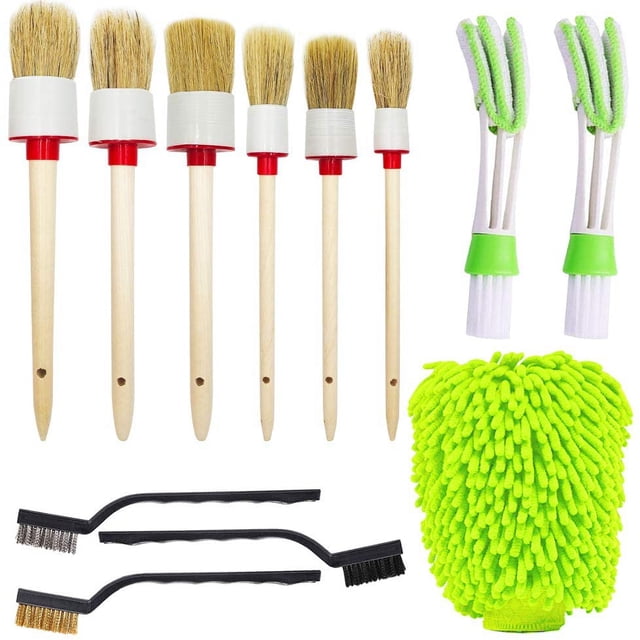 Juego de 12 cepillos para detalles de coche, 6 cepillos para limpiar ruedas, kit de limpieza de coche, 3 cepillos de alambre, 2 cepillos para ventilación, 1 guante para lavar el coche.
