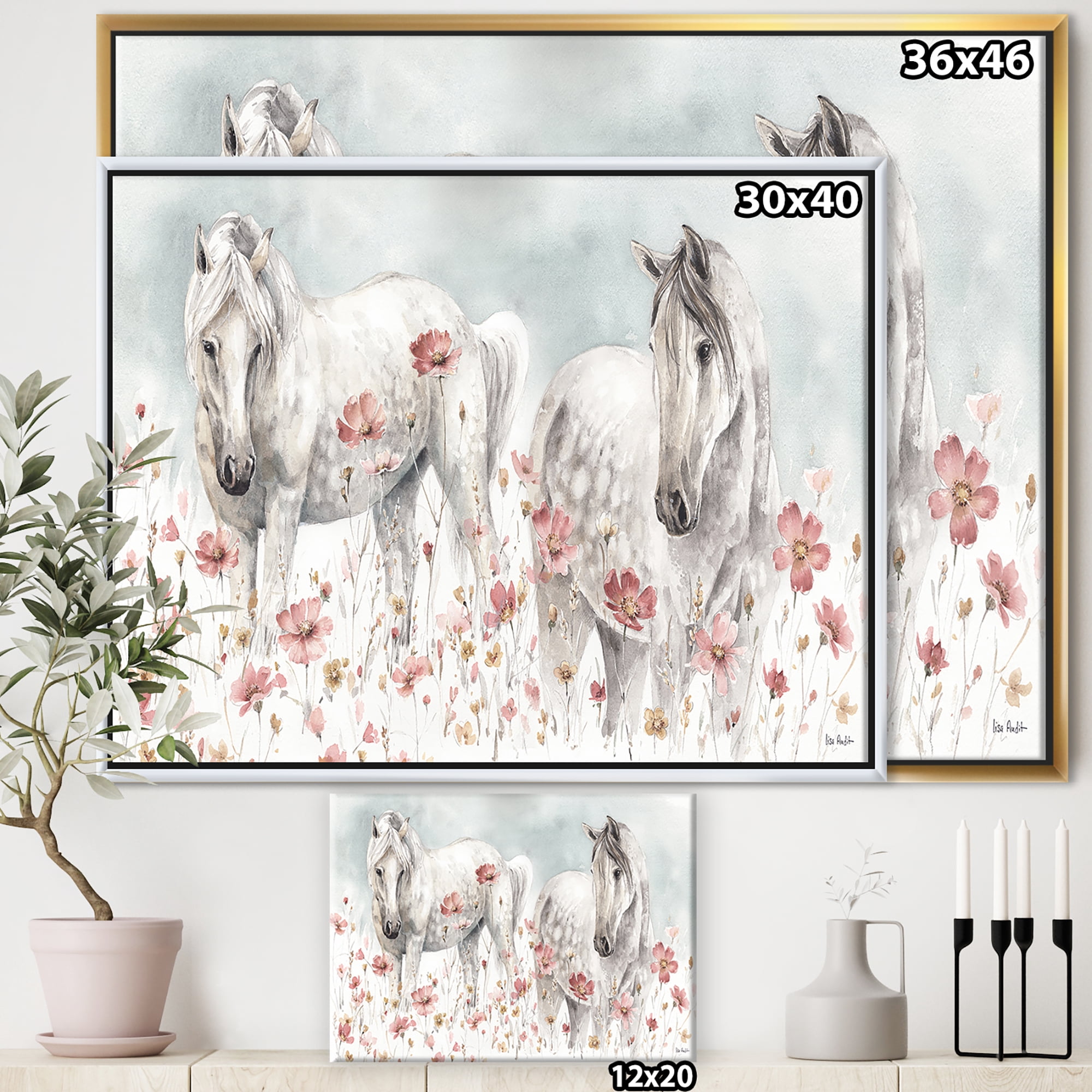 Designart ' watercolors Pink Wild Horses ' Farmhouse Framed Canvas