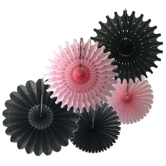 Devra Party Black and Pink Large Tissue Paper Fan Decorations, 13 and 18 Inches (5 Piece)