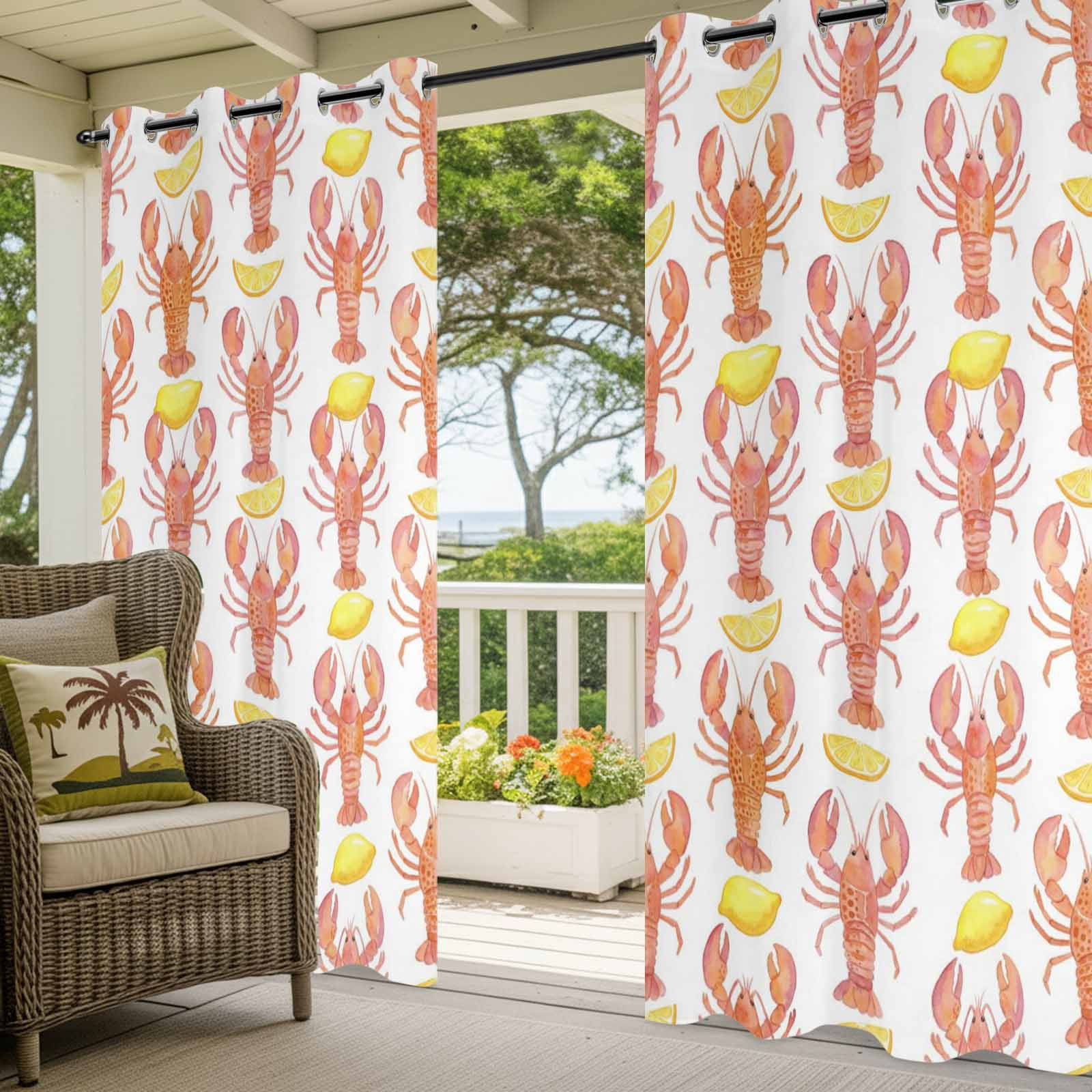 Ocean Orange Lobster Outdoor Curtains for Patio, Summer Nautical Sea Watercolor Yellow Lemon Sunshade Privacy Drapes Grommet Waterproof Outside Curtains for Porch/Cabana/Balcony 54"x 108", 1 Panel