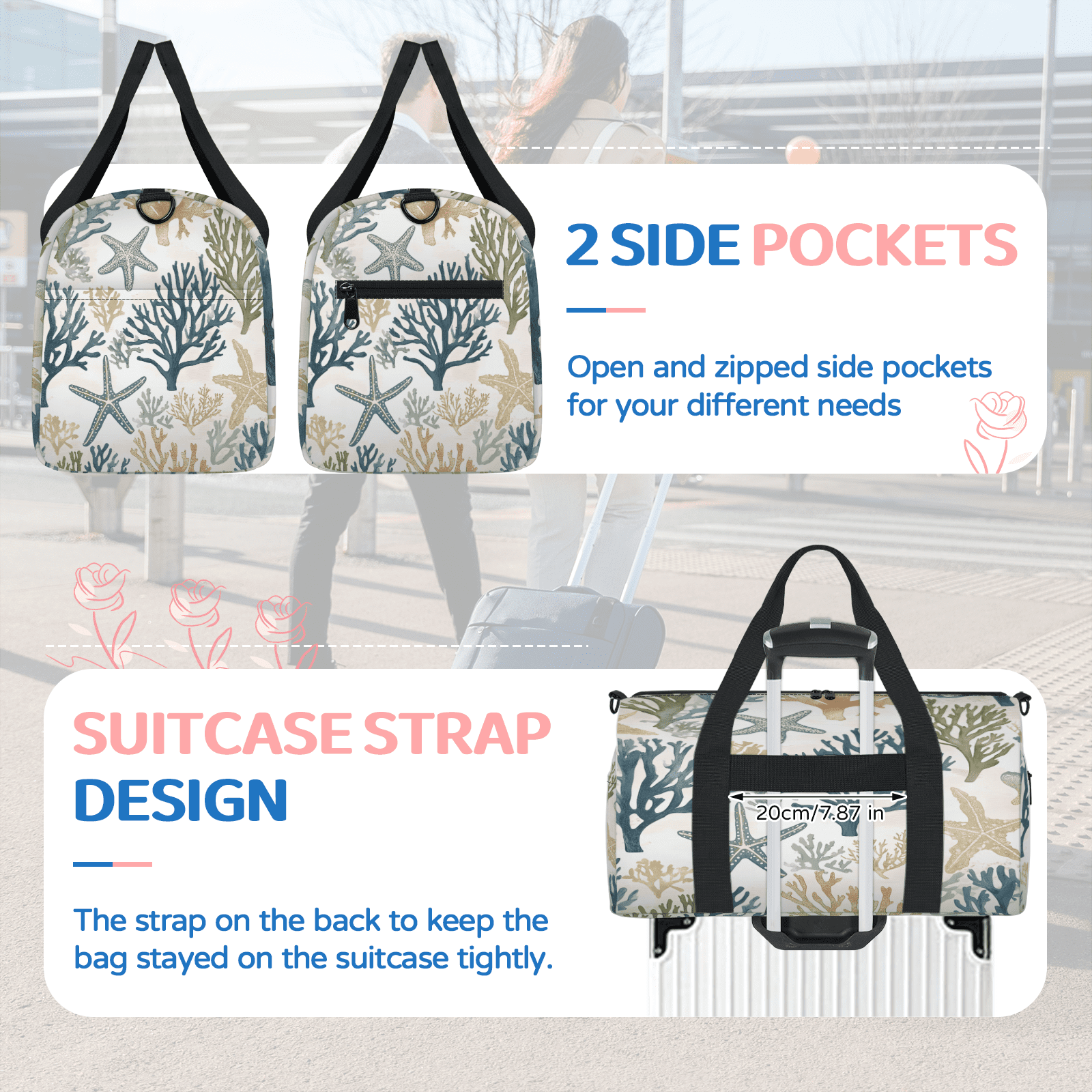 Herdesigns Starfish Beach Gym Bag for Women, Cute Duffle Bag for Travel Sport, Lightweight Waterproof Carry on Weekender Overnight Dance Yoga Workout Bags