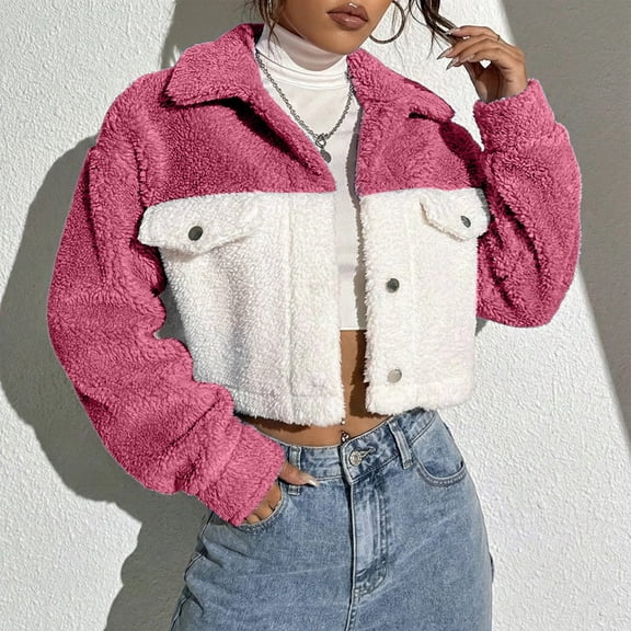 Womens Casual Long Sleeve Fall Flannel Cropped Coats Front Button Padded Jacket (Red M)