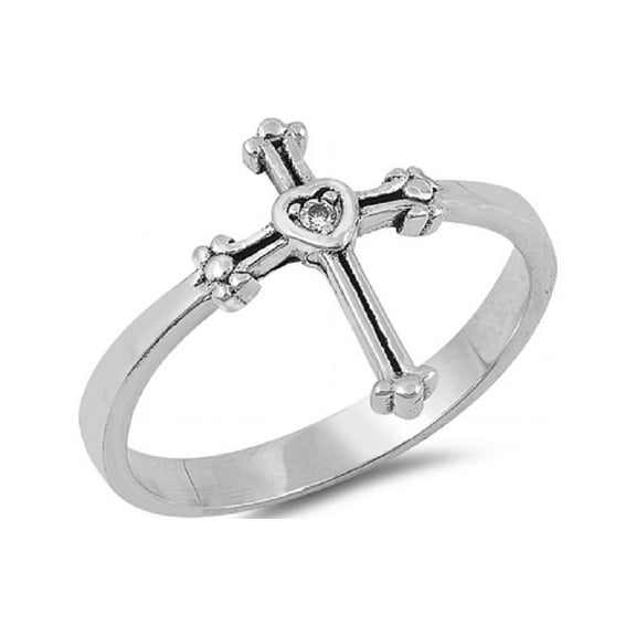 Clear Cubic Zirconia Center Christian Cross Ring Sterling Silver