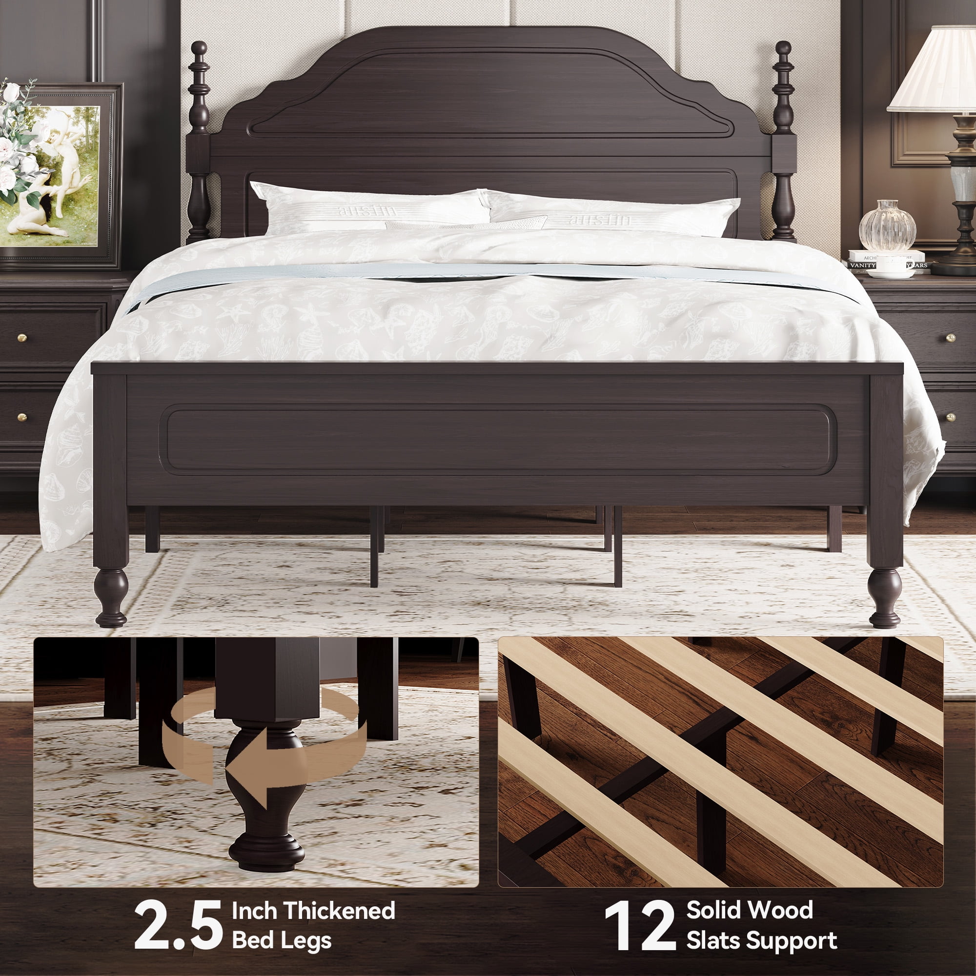 Sailvan Queen Bed Frame with Headboard and Footboard, Wood Bed Frame Queen Size with 12 Wood Slats Support, No Box Spring Needed Easy Assembly