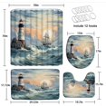 thumbnail image 2 of Juego de 4 cortinas de ducha con diseño de faro costero, alfombras y tapa de inodoro, diseño vintage de velero náutico, playa, amanecer, atardecer, océano azul, olas del mar, pintura al óleo, cortina, 2 of 2