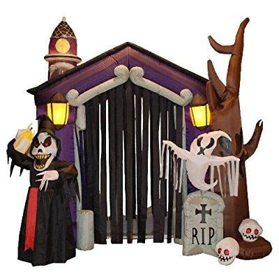 8.5 foot halloween inflatable haunted house castle with skeletons, ghost and skulls yard decoration