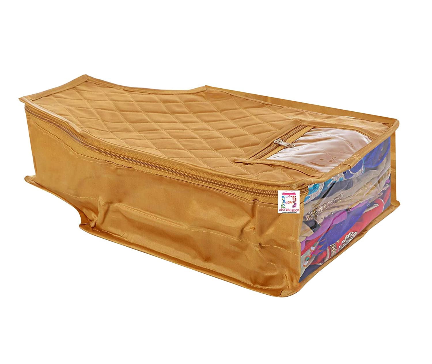 atorakushon Satin Fabric 3 Saree & 2 Blouse Covers Clothes Garments Storage Bag Wardrobe Organizers Strong Zippers & Transparent Window Set of 5 Gold