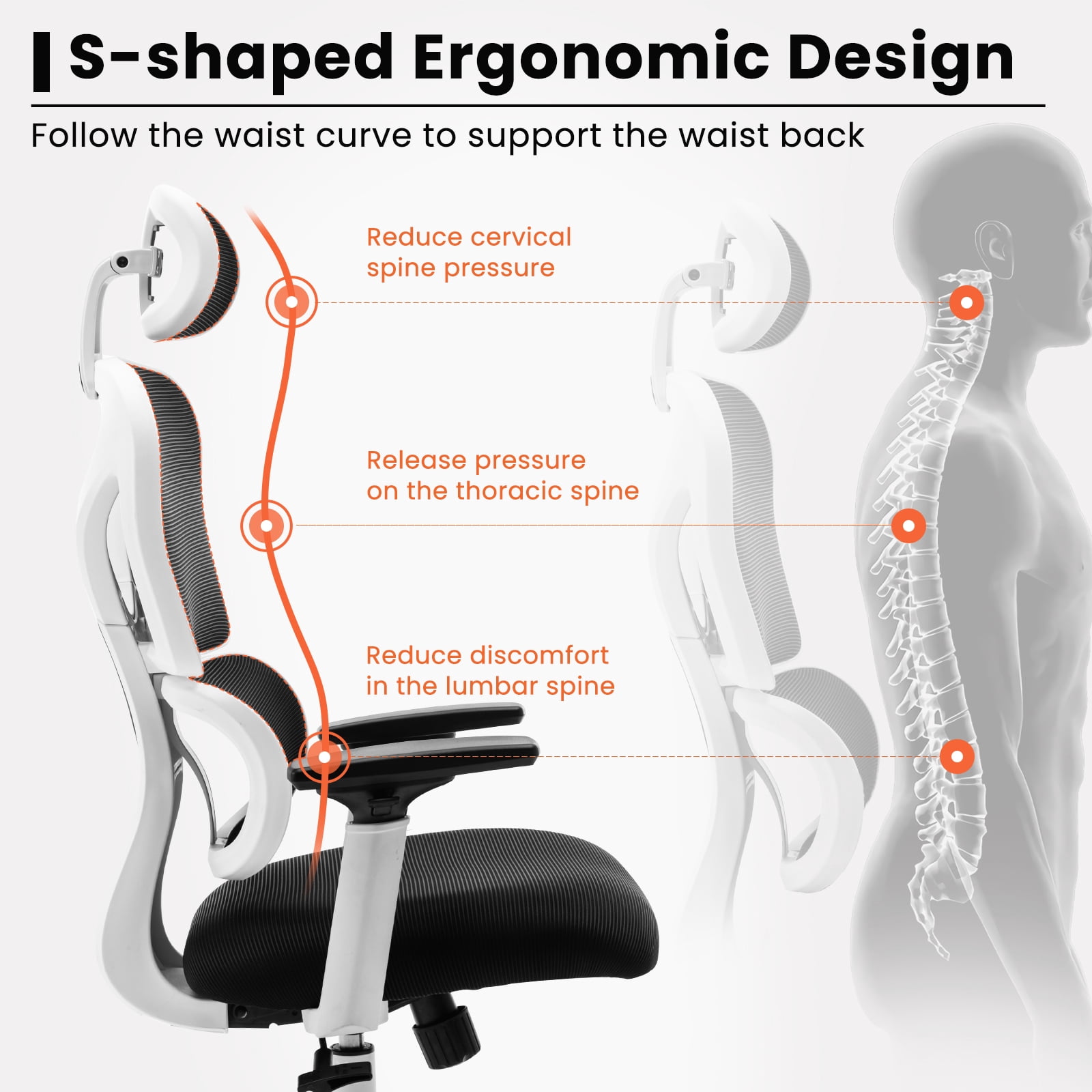 COOLHUT Ergonomic Office Chair, High Back Adjustable Computer Desk Chair with Lumbar Support, 500lb, White