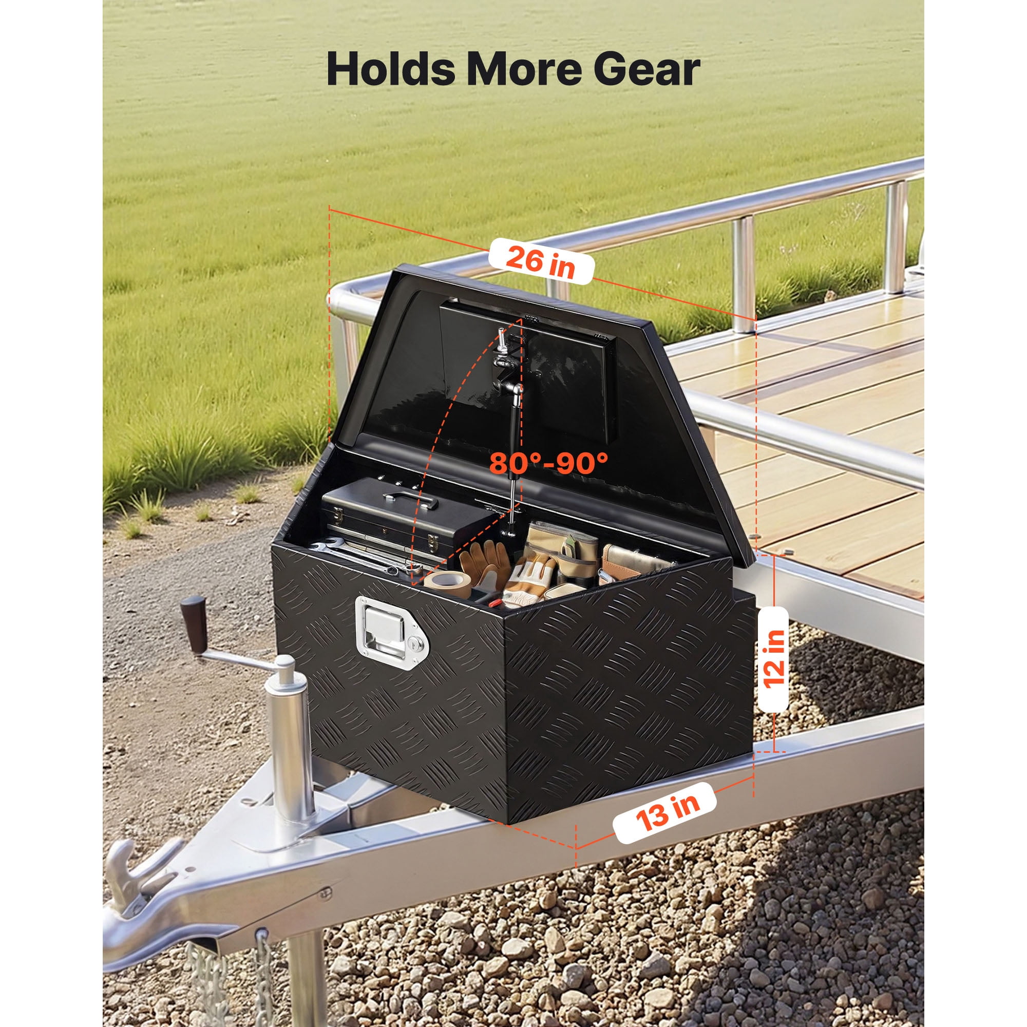 KFFKFF Aluminum Trailer Tongue Tool Box, 26" x 13" x 12" Storage Organizer with Lock and Keys, Durable Utility Chest for Truck Beds, RVs, SUVs, and Off-Road Vehicles, Black