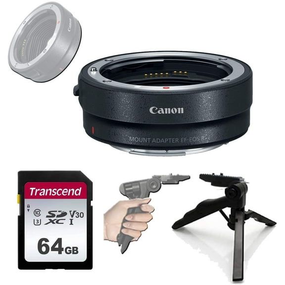Canon Mount Adapter EF - EOS R, Compatible with EOS R and EOS RP Plus 64GB Transcend Memory Card and Grip Tripod