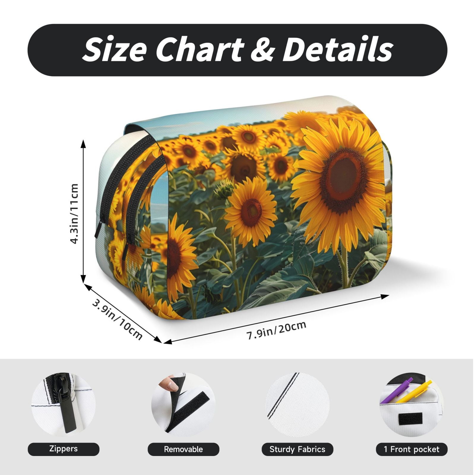 Rateoe Sunlit Sunflower Field Pattern Double Clamshell Pen Case, Storage Organizer with Two Zipper Compartments– Holds Up to 50 Pencils & Pens