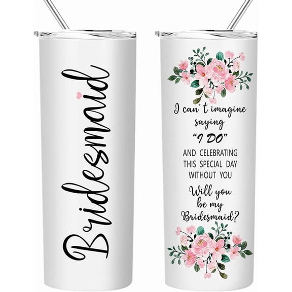 Bridesmaid Tumbler,Bridal Shower Gift for Maid of Honor, Bridesmaid Proposal Gifts Vacuum Insulated Stainless Steel Skinny Wine Tumbler With Lid and Straw 20oz