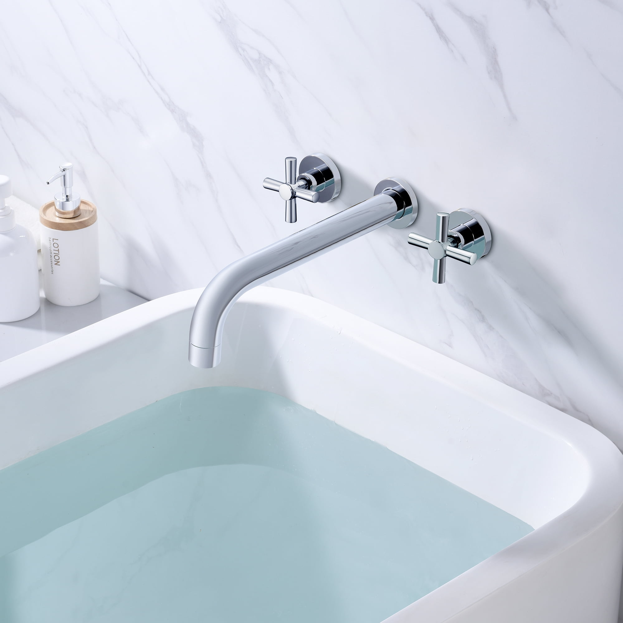 SUMERAIN Tub Filler Wall Mounted Tub Faucet High Flow Bathtub Faucet Chrome Finish with Rough in Valve, Extra Long Spout and Cross Handles