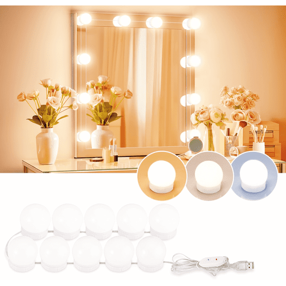 LED Vanity Lights For Mirror, Consciot Hollywood Style With 10 Dimmable Bulbs, Adjustable Color & Brightness, USB Cable, Stick on for Makeup Table Dressing Room Mirror