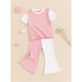 thumbnail image 6 of Aojekbee Kid Girls Pants Set, Contrast Color Short Sleeve Crew Neck T-shirt with Flare Pants Summer Outfit, 6 of 10