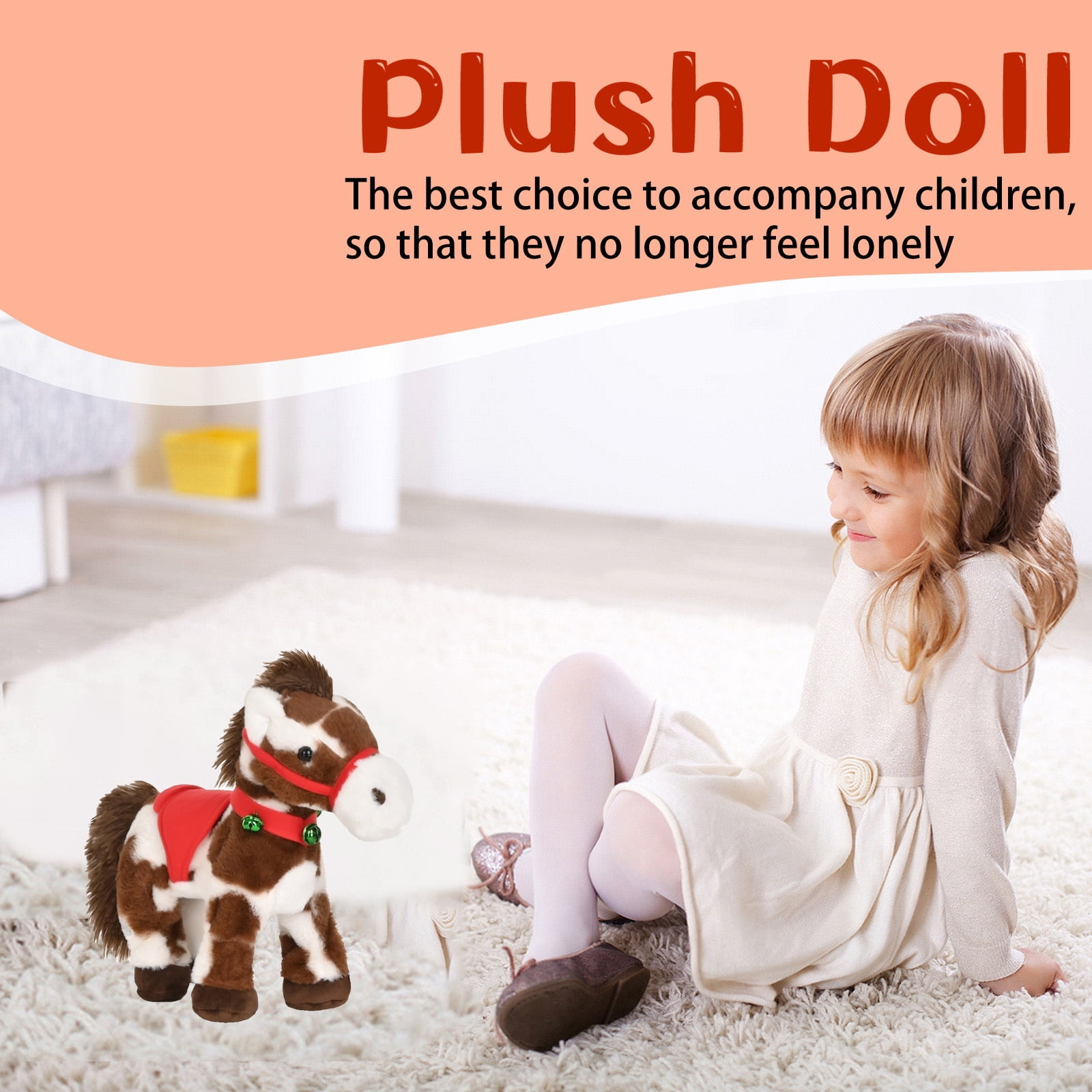 Spotted Electric Plush Horse, Interactive Soft Adorable Pony with Joyful Neighing Sound Cute Plushie Red Saddle Green Jingle Bell Walking Head Tail Stuffed Pet Christmas Birthday Gifts,1PC, 10 Inch