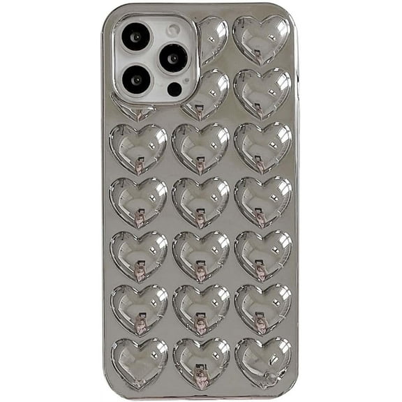 3D Love Heart Plating Silver Phone Case Compatible with iPhone 13 Pro,Electroplated Heart-Shaped Luxury Retro Slim Soft Protective Bling Glitter Back Cover for iPhone 13pro 6.1"