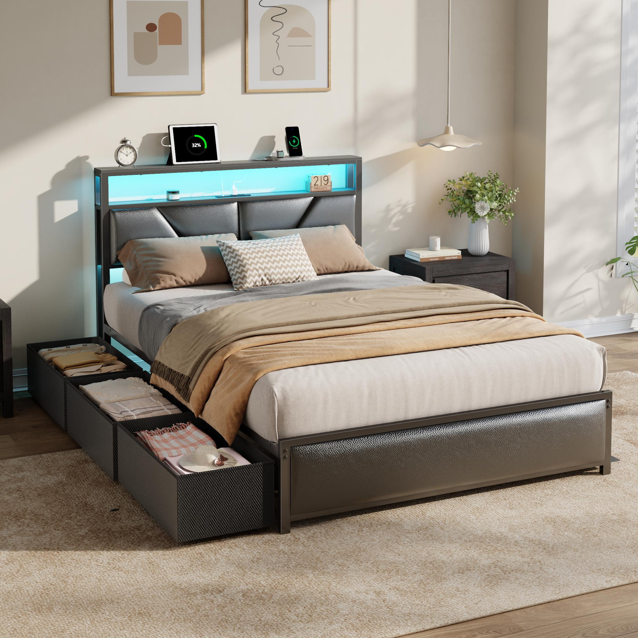 Satifur Full Bed Frame with 6 Storage Drawers, Metal Platform Bed Frame with 2-Tier Upholstered Storage Headboard & LED, Built in Charging Station, Noise-Free, No Box Spring Needed, Black