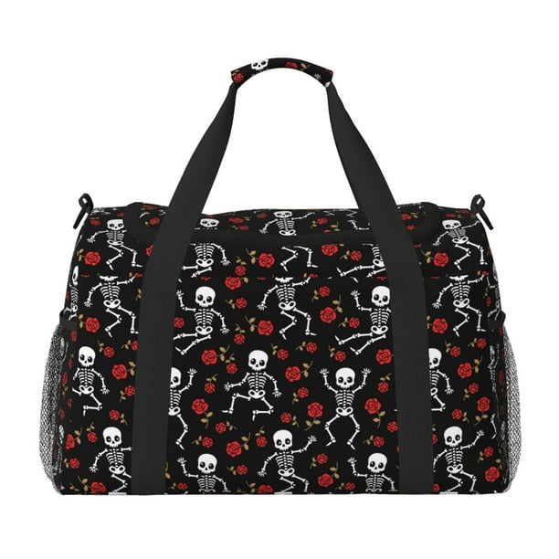 Balery Skeleton with Roses Bolsa de Gimnasio para Mujeres, Bolsa de Viaje con Bolsillo Húmedo, Bolsa de Fin de Semana para Mujeres, Bolsa de Viaje Resistente al Agua